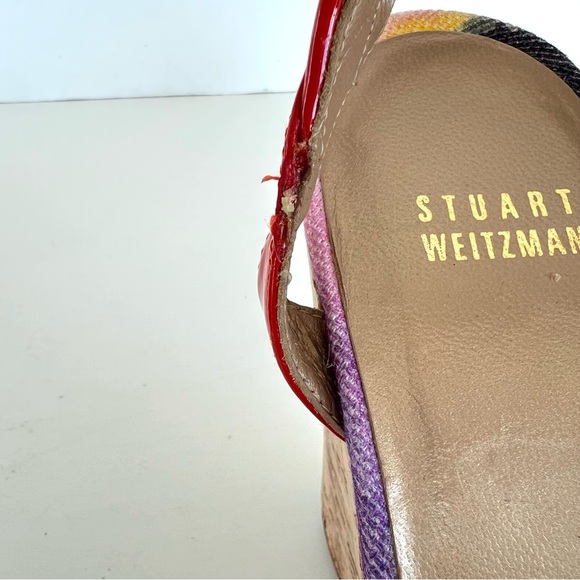STUART WEITZMAN Orange Patent Leather w Multicolor Canvas Wedge Sandals Sz 9 M - Picture 10 of 11